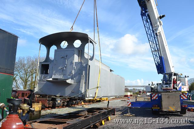 The tender body being lowered onto 133's chassis at Dinas on 14th April 2012(Photo: A. Shaw)