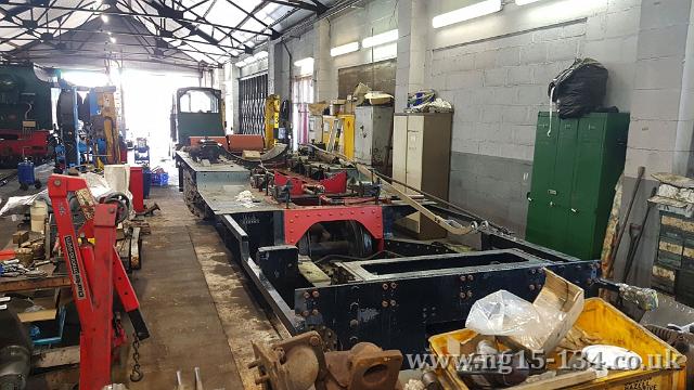 134's frames moved back into the loco shed. <br> Photo: Huw Jones